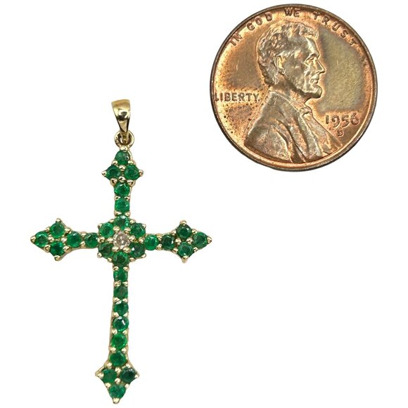 14k Yellow Gold Natural Emerald and Diamond Cross Pendant - Picture 6 of 8